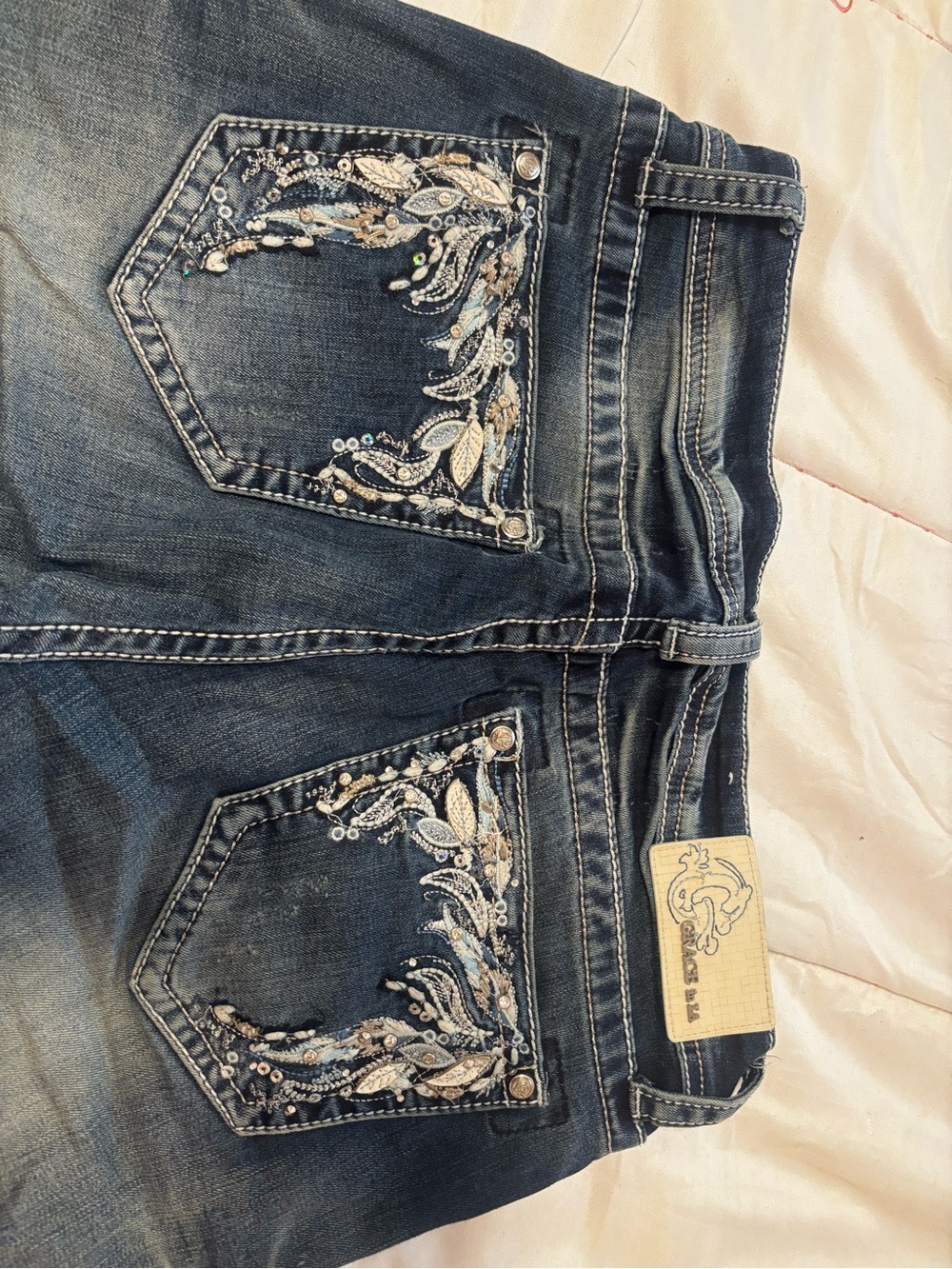 Grace in LA Dark Blue Bootcut Jeans with Embroidered Pockets